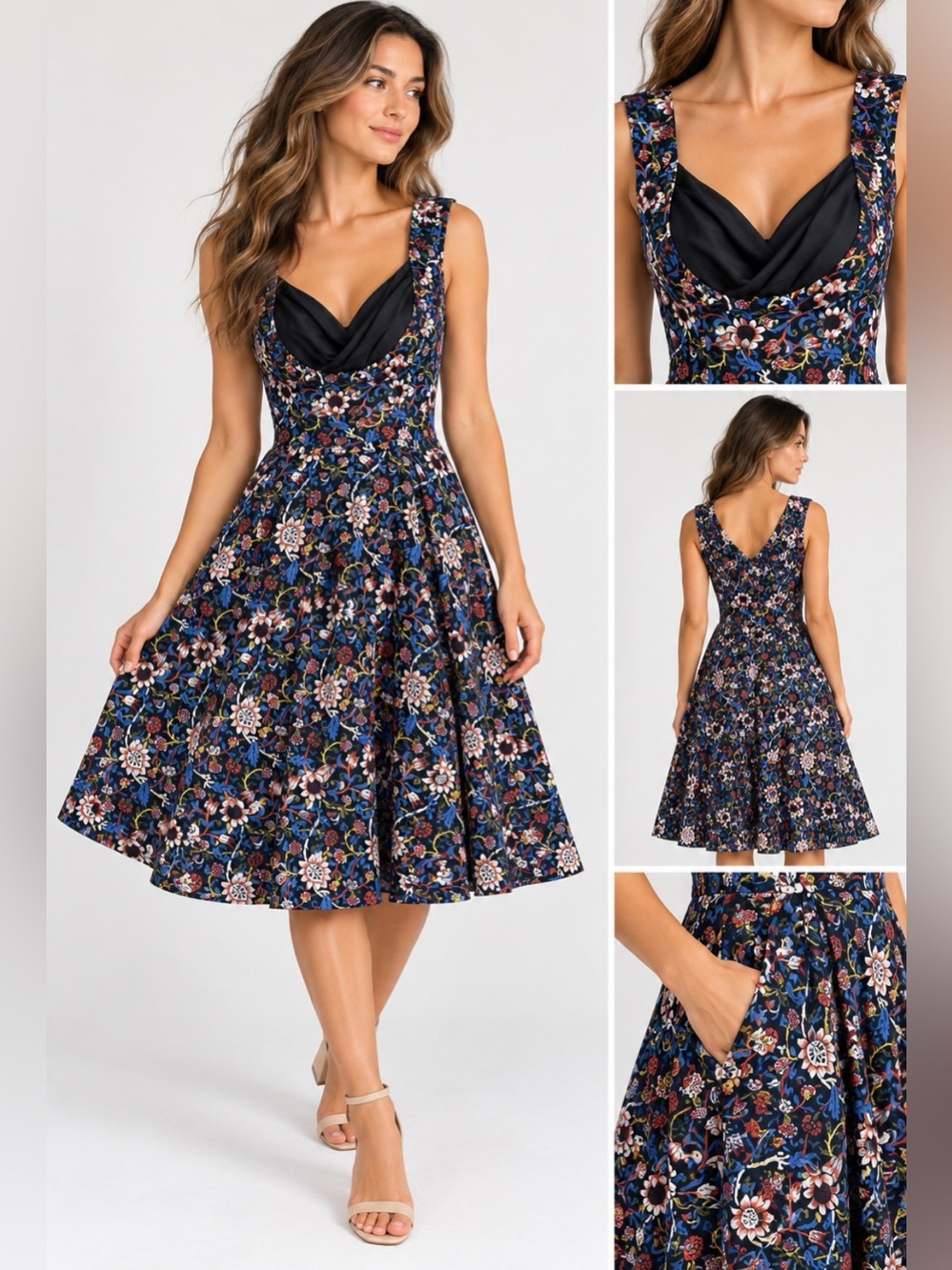 Lindy Bop Floral Fit & Flare Midi Dress Blue Multicolor Size S